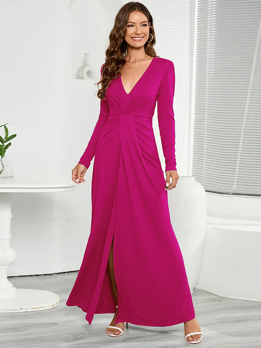 Maxi Dresses V-Neck Long Sleeves Pleated High-Slit Women Dress