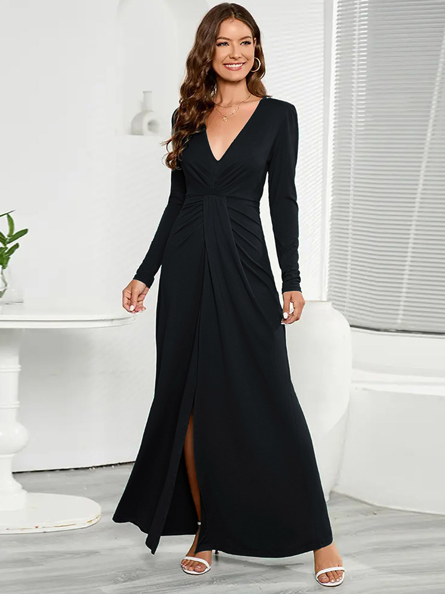Maxi Dresses V-Neck Long Sleeves Pleated High-Slit Women Dress