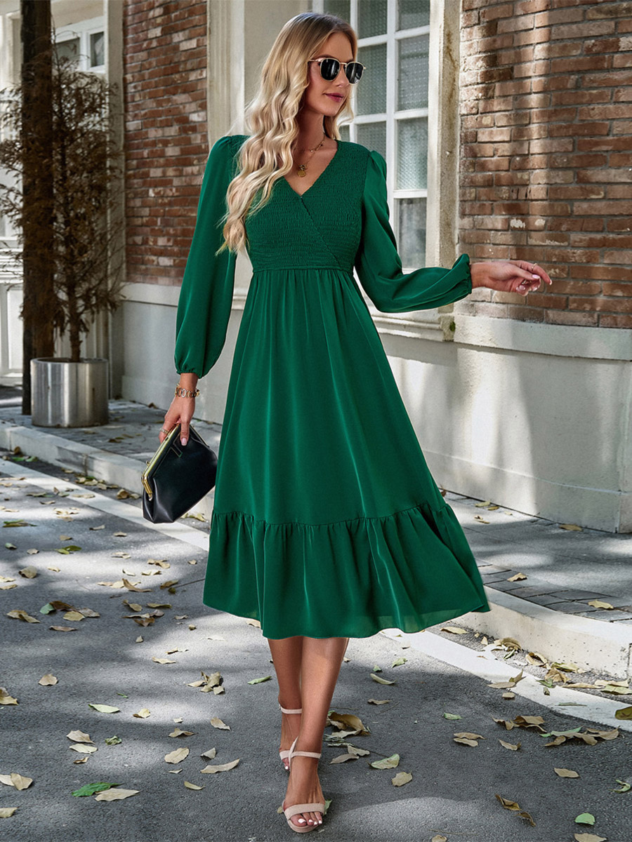 Midi Dress V Neck Lantern Sleeves Pleated Flared Daily Casual Dresses