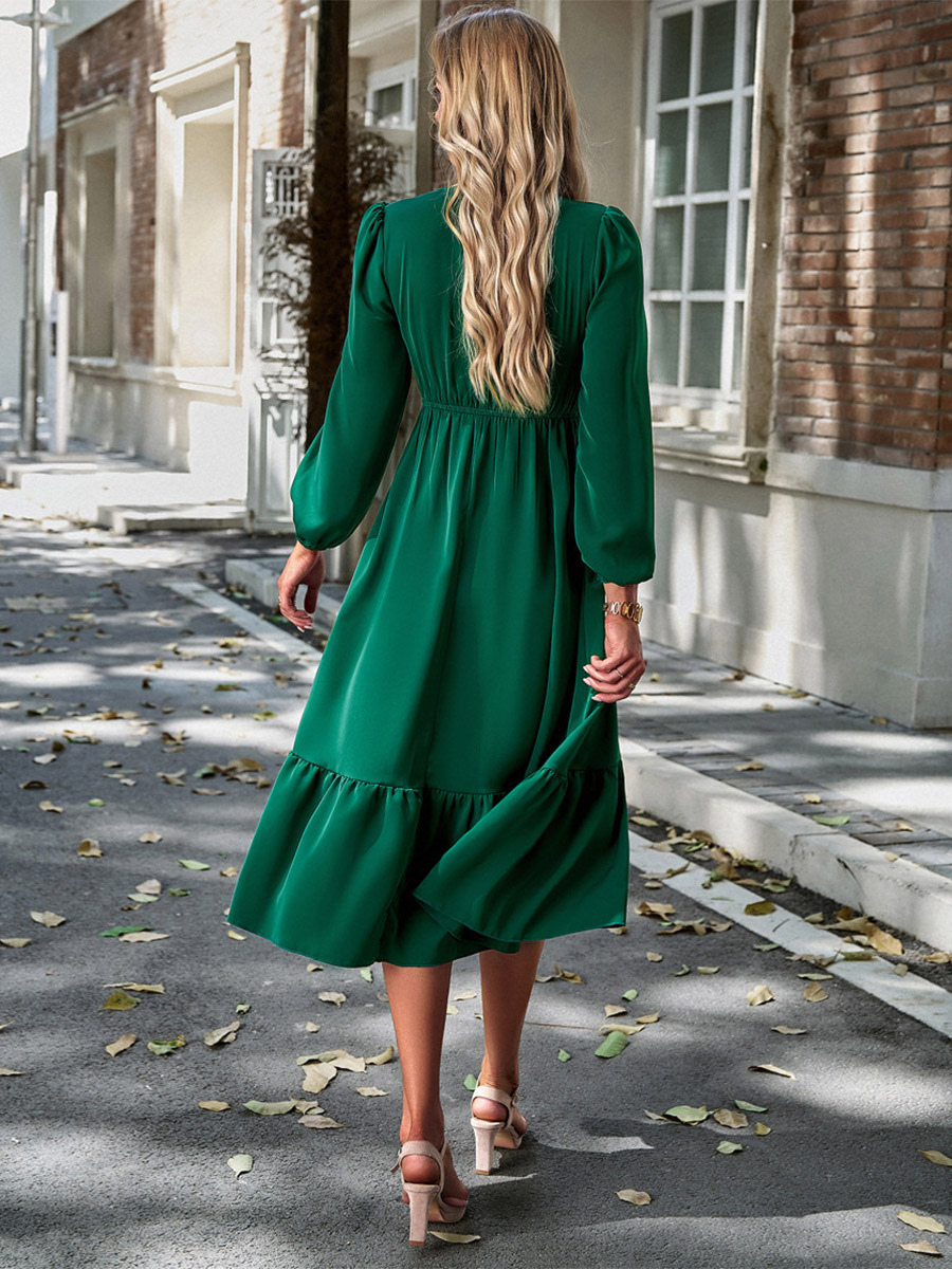 Midi Dress V Neck Lantern Sleeves Pleated Flared Daily Casual Dresses