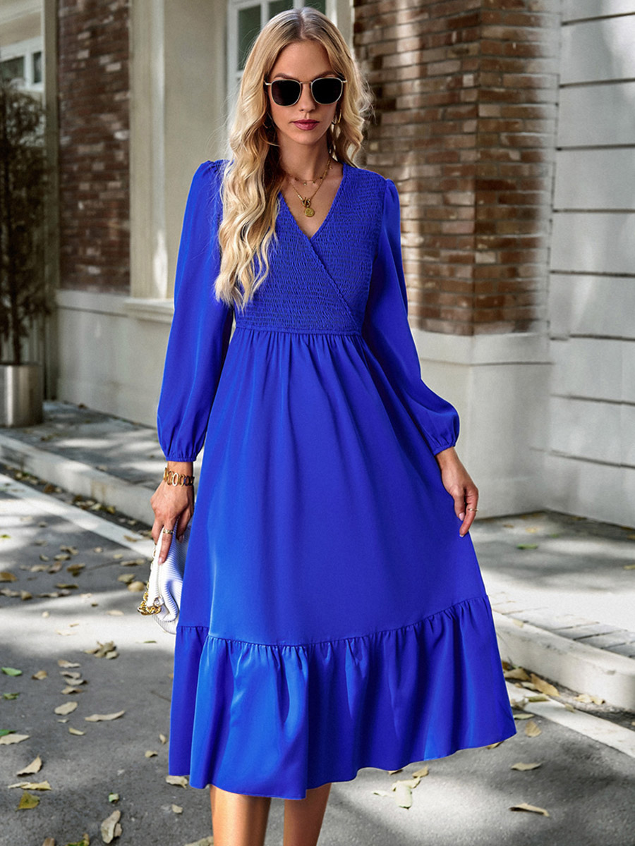 Midi Dress V Neck Lantern Sleeves Pleated Flared Daily Casual Dresses