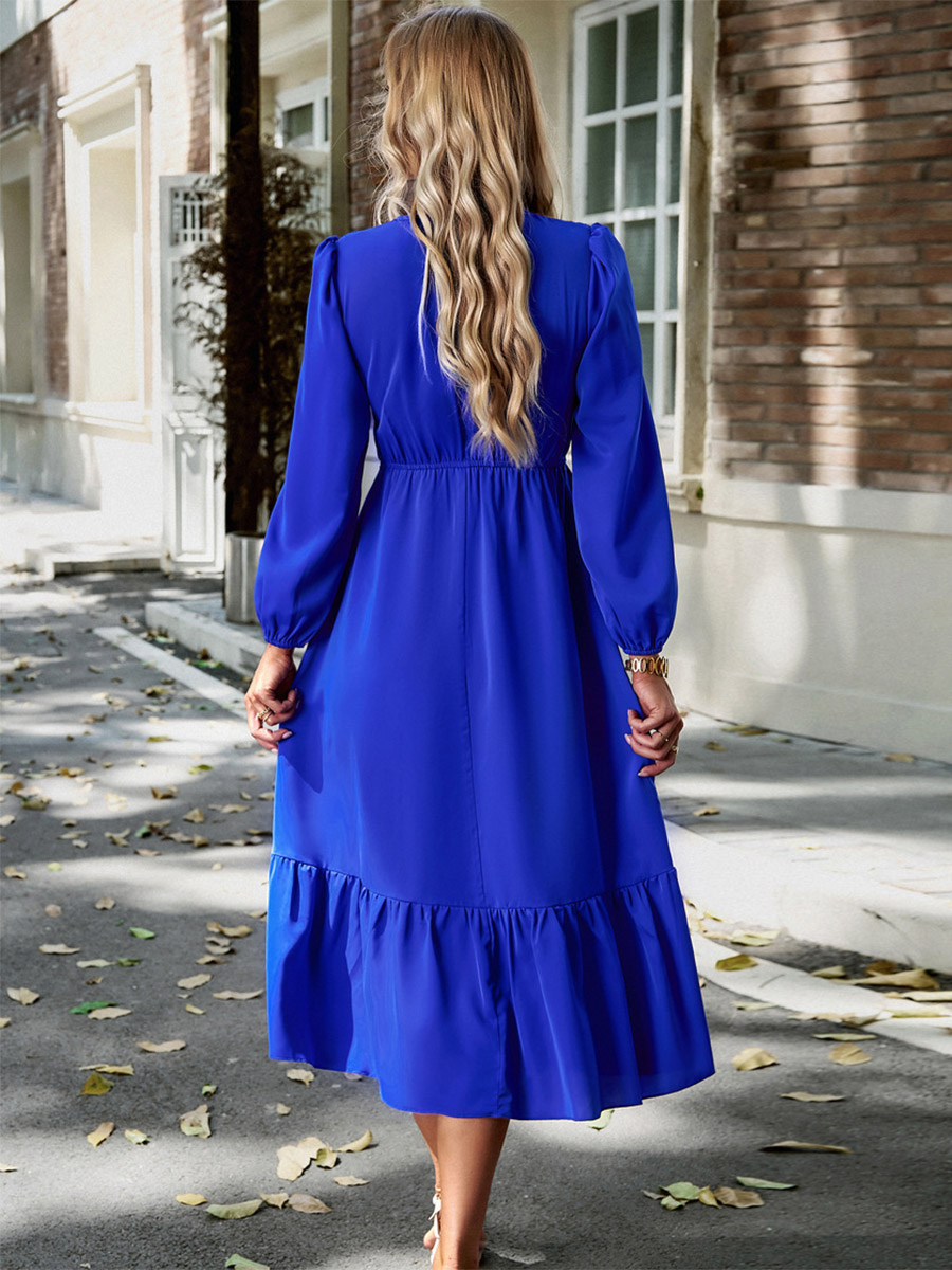 Midi Dress V Neck Lantern Sleeves Pleated Flared Daily Casual Dresses