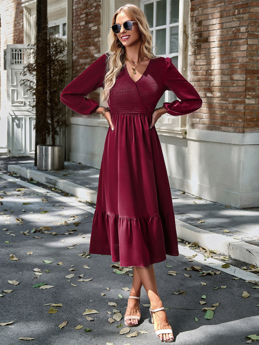 Midi Dress V Neck Lantern Sleeves Pleated Flared Daily Casual Dresses