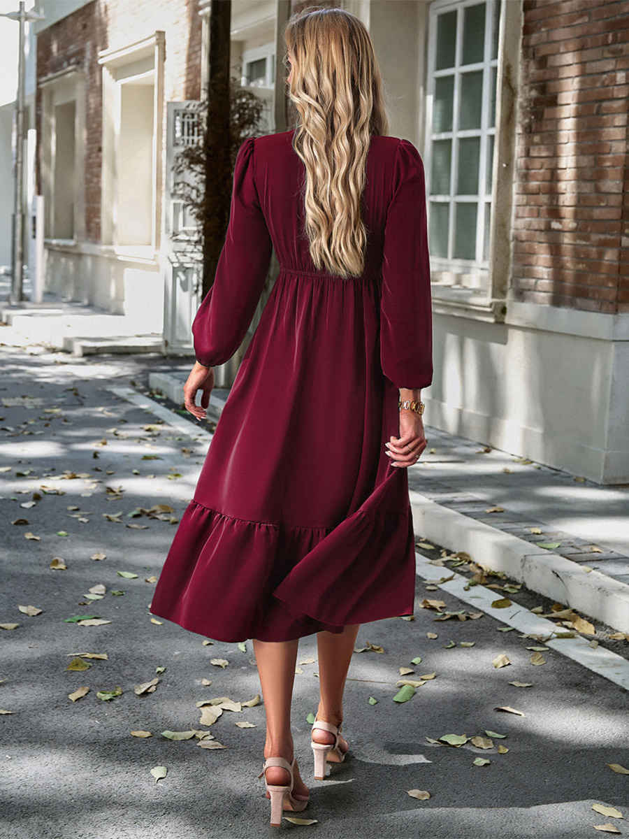 Midi Dress V Neck Lantern Sleeves Pleated Flared Daily Casual Dresses