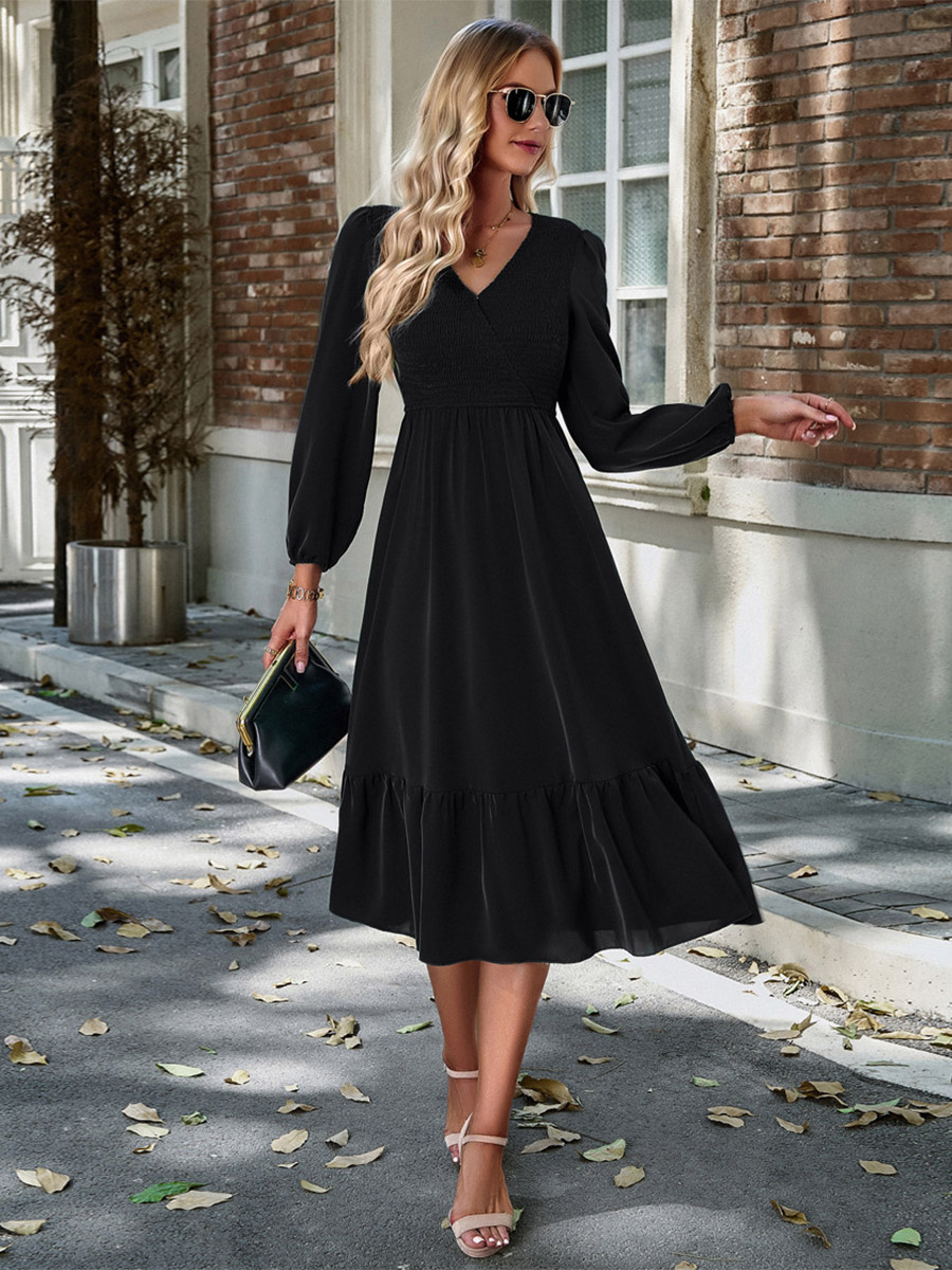 Midi Dress V Neck Lantern Sleeves Pleated Flared Daily Casual Dresses