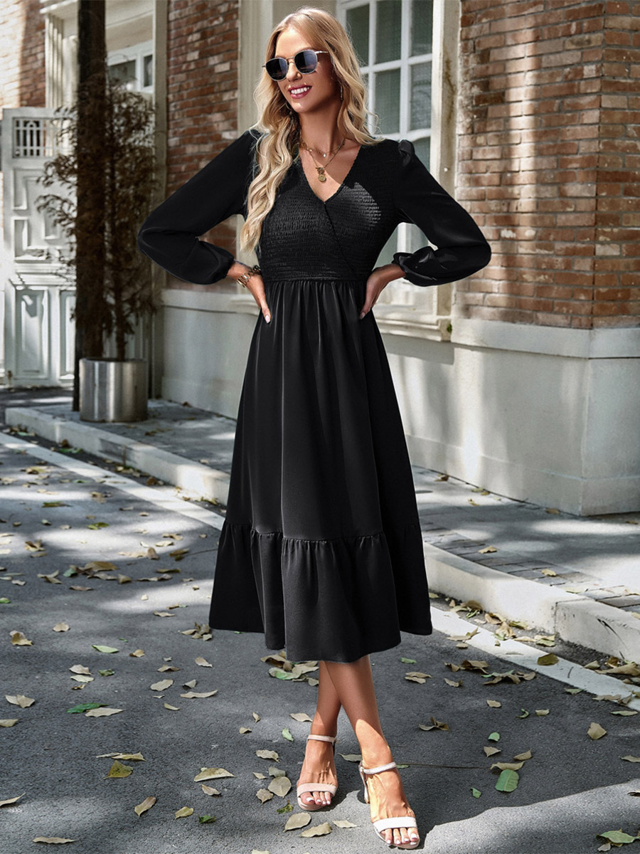 Midi Dress V Neck Lantern Sleeves Pleated Flared Daily Casual Dresses