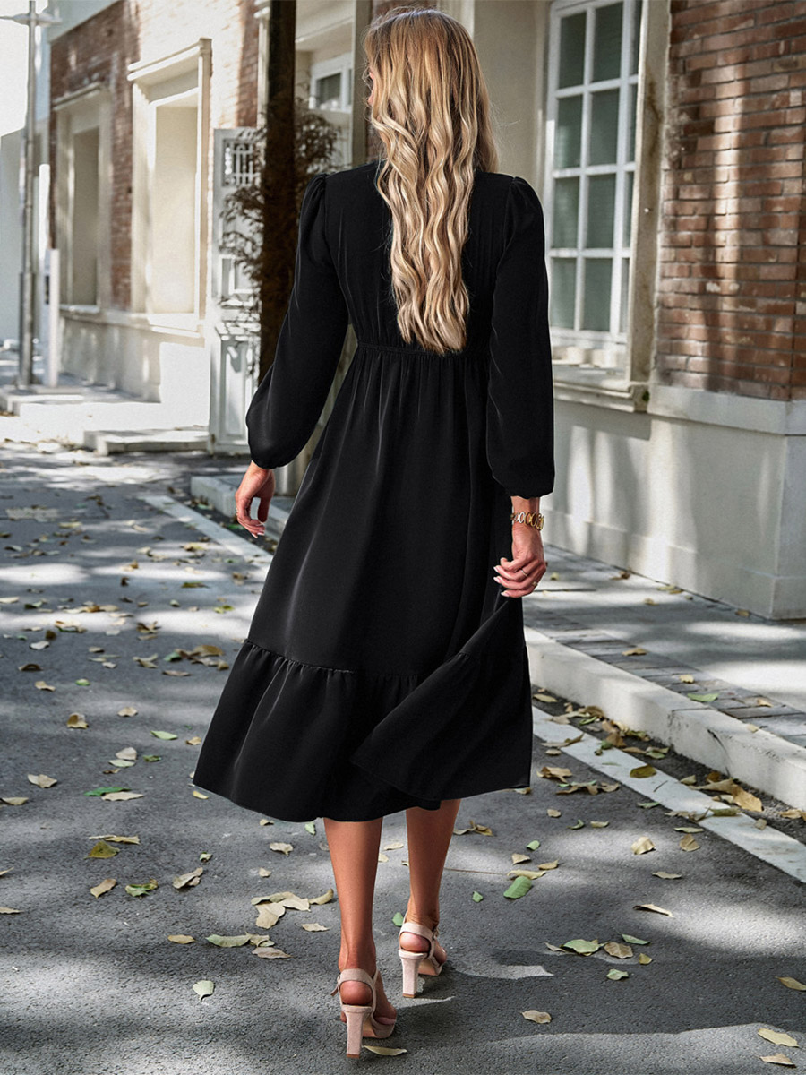 Midi Dress V Neck Lantern Sleeves Pleated Flared Daily Casual Dresses