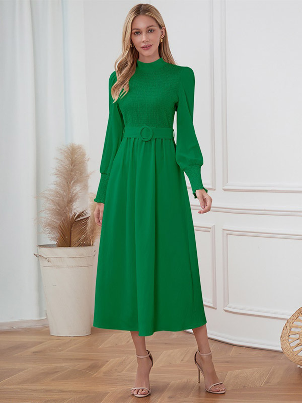 Midi Dress Pleated Polyester Elegant Crewneck Long Sleeves