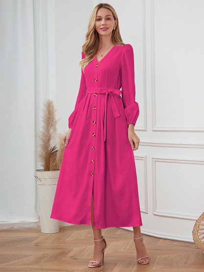 Maxi Dresses V-Neck Long Sleeves Polyester Elegant Long Dress For Women