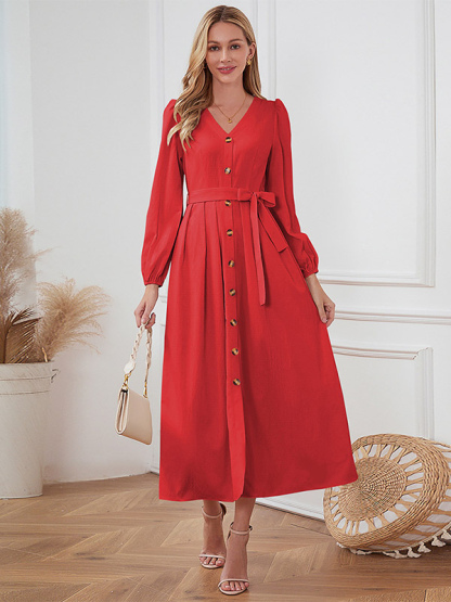 Maxi Dresses V-Neck Long Sleeves Polyester Elegant Long Dress For Women