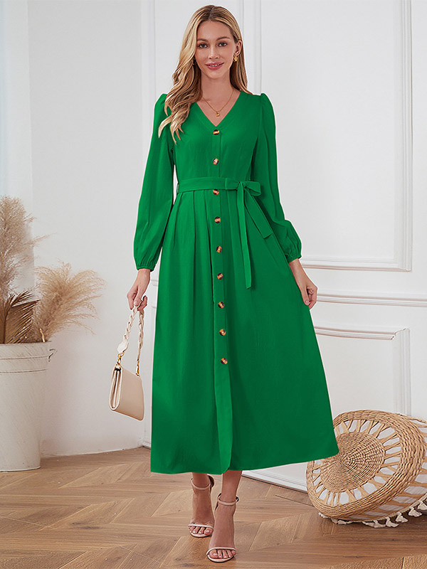 Maxi Dresses V-Neck Long Sleeves Polyester Elegant Long Dress For Wome