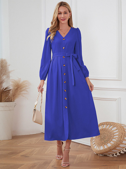 Maxi Dresses V-Neck Long Sleeves Polyester Elegant Long Dress For Women