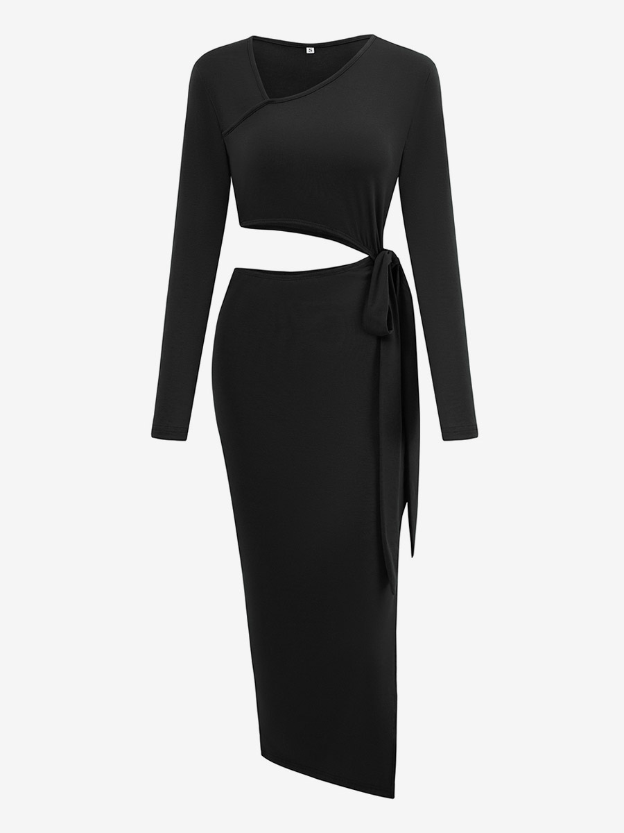 Bodycon Dresses Brick Red Long Sleeves Split Front Sexy V-Neck High-slit Midi Dress Sheath Dress