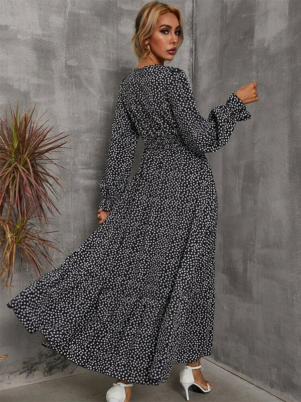 Floral Flared Dress V-Neck Long Sleeves Casual Fall Long Dresses