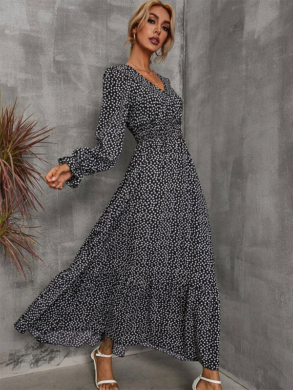 Floral Flared Dress V-Neck Long Sleeves Casual Fall Long Dresses