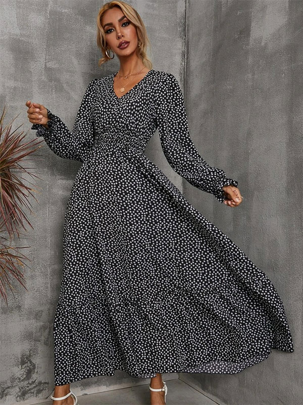 Floral Flared Dress V-Neck Long Sleeves Casual Fall Long Dresses