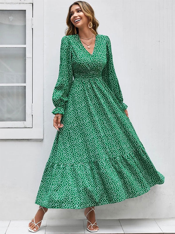 Floral Flared Dress V-Neck Long Sleeves Casual Fall Long Dresses
