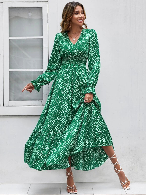 Floral Flared Dress V-Neck Long Sleeves Casual Fall Long Dresses
