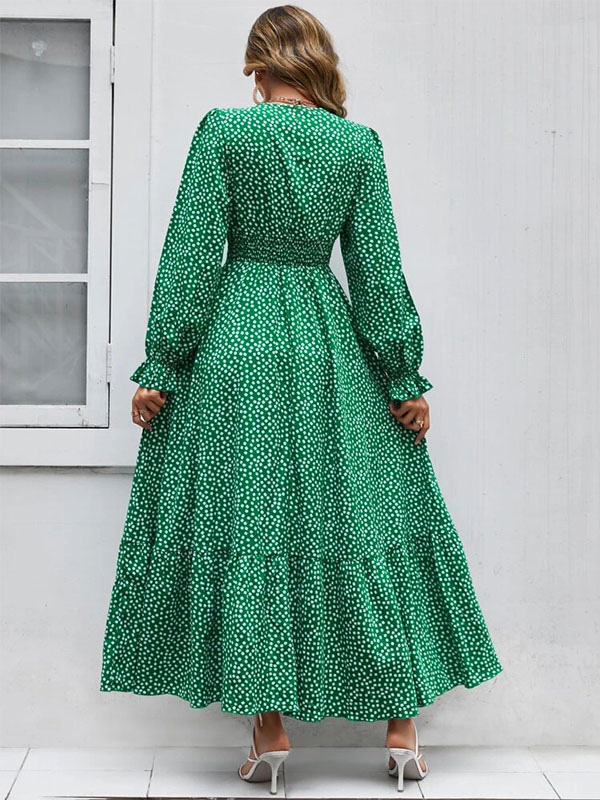Floral Flared Dress V-Neck Long Sleeves Casual Fall Long Dresses