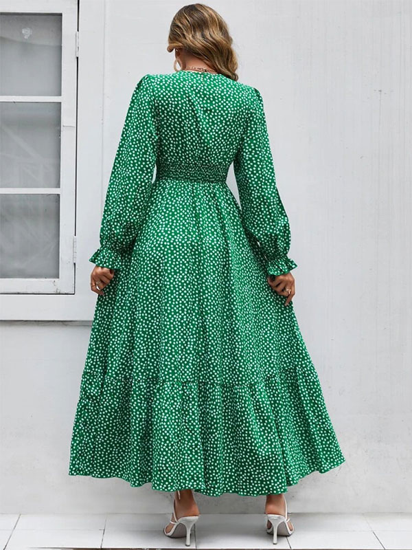 Floral Flared Dress V-Neck Long Sleeves Casual Fall Long Dresses