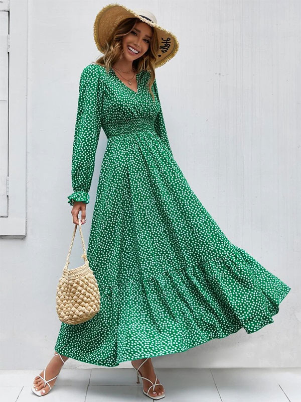 Floral Flared Dress V-Neck Long Sleeves Casual Fall Long Dresses