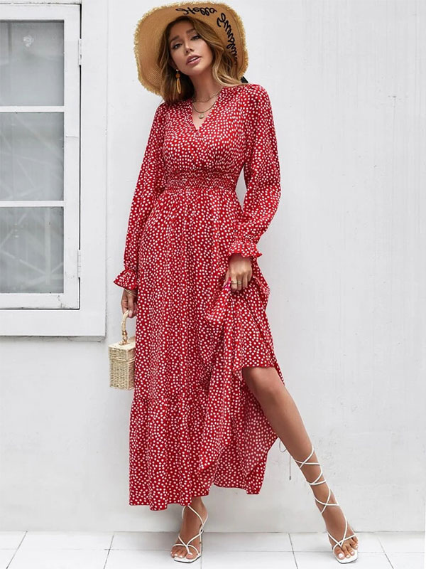 Floral Flared Dress V-Neck Long Sleeves Casual Fall Long Dresses