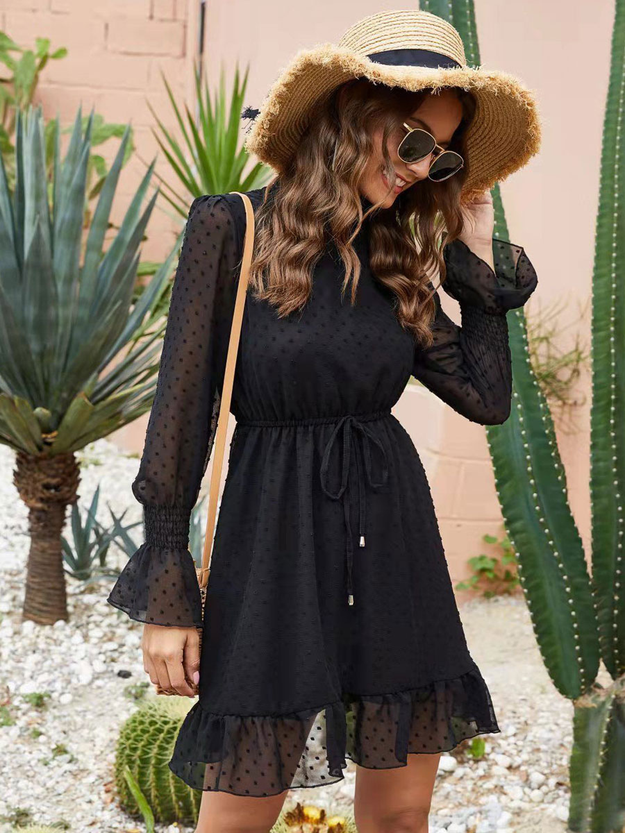 Ruffles Dress Belted Tulle Solid Color Relaxed Vintage Flared Dresses