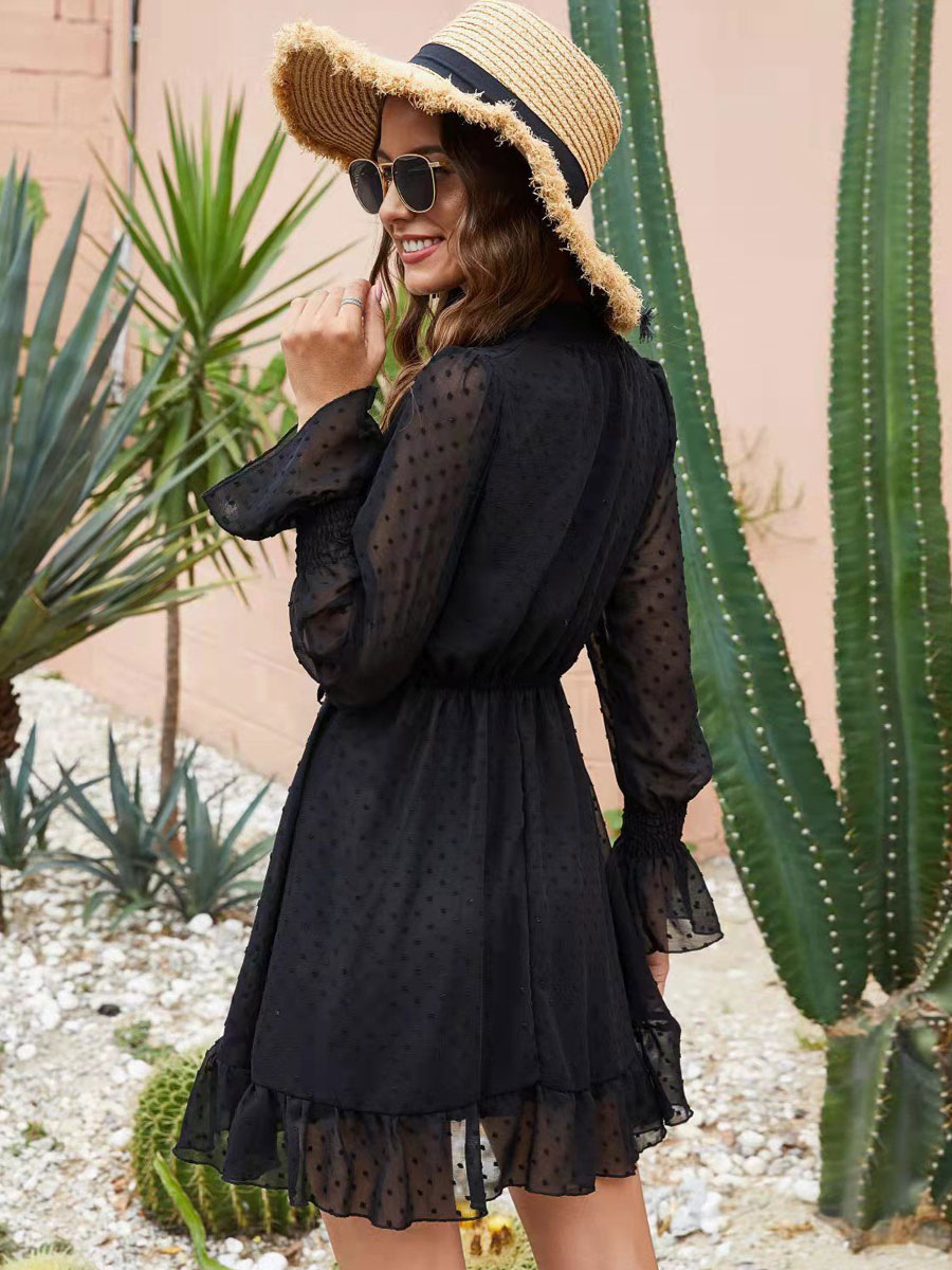 Ruffles Dress Belted Tulle Solid Color Relaxed Vintage Flared Dresses