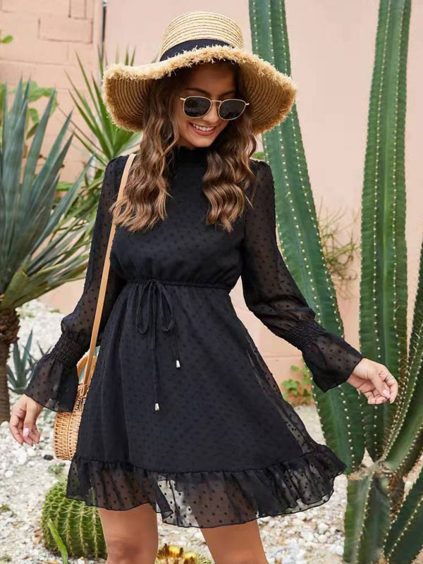 Ruffles Dress Belted Tulle Solid Color Relaxed Vintage Flared Dresses