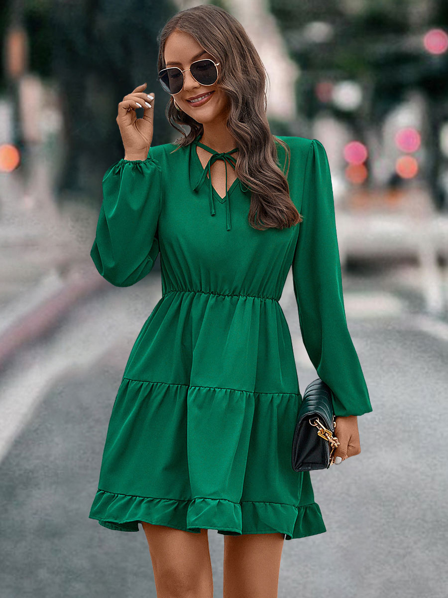 Mini Dresses V Neck Lantern Sleeves Flared Early Fall Dress