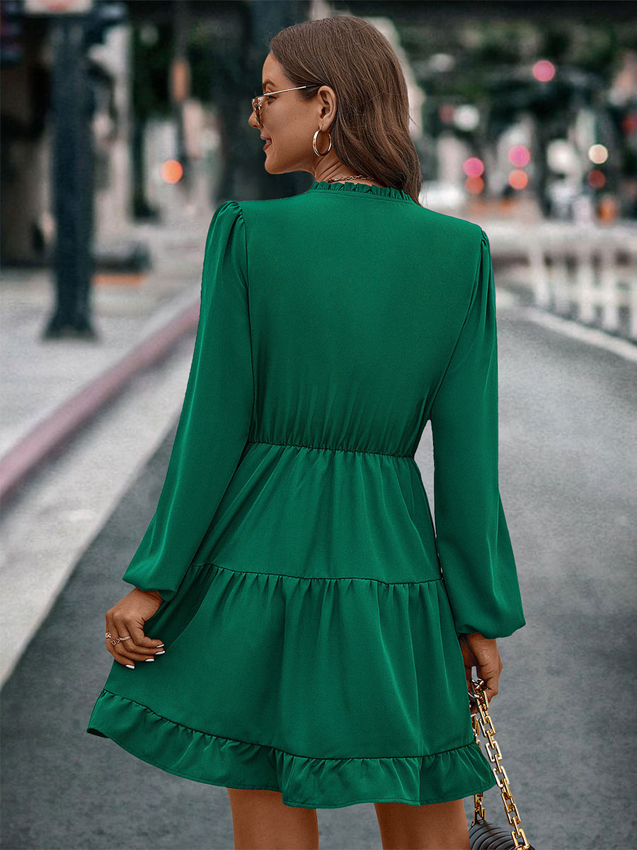 Mini Dresses V Neck Lantern Sleeves Flared Early Fall Dress