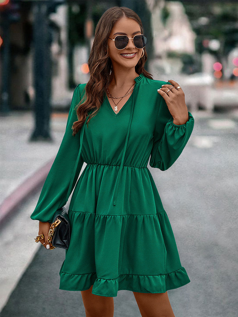 Mini Dresses V Neck Lantern Sleeves Flared Early Fall Dress