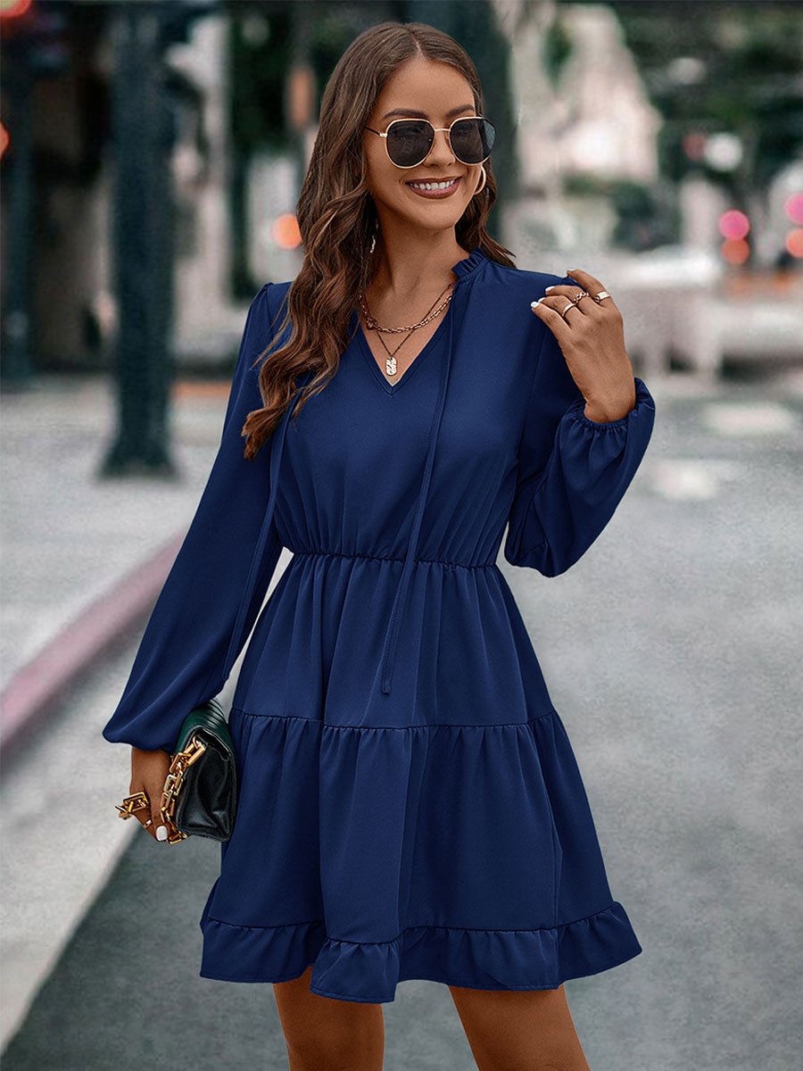 Mini Dresses V Neck Lantern Sleeves Flared Early Fall Dress