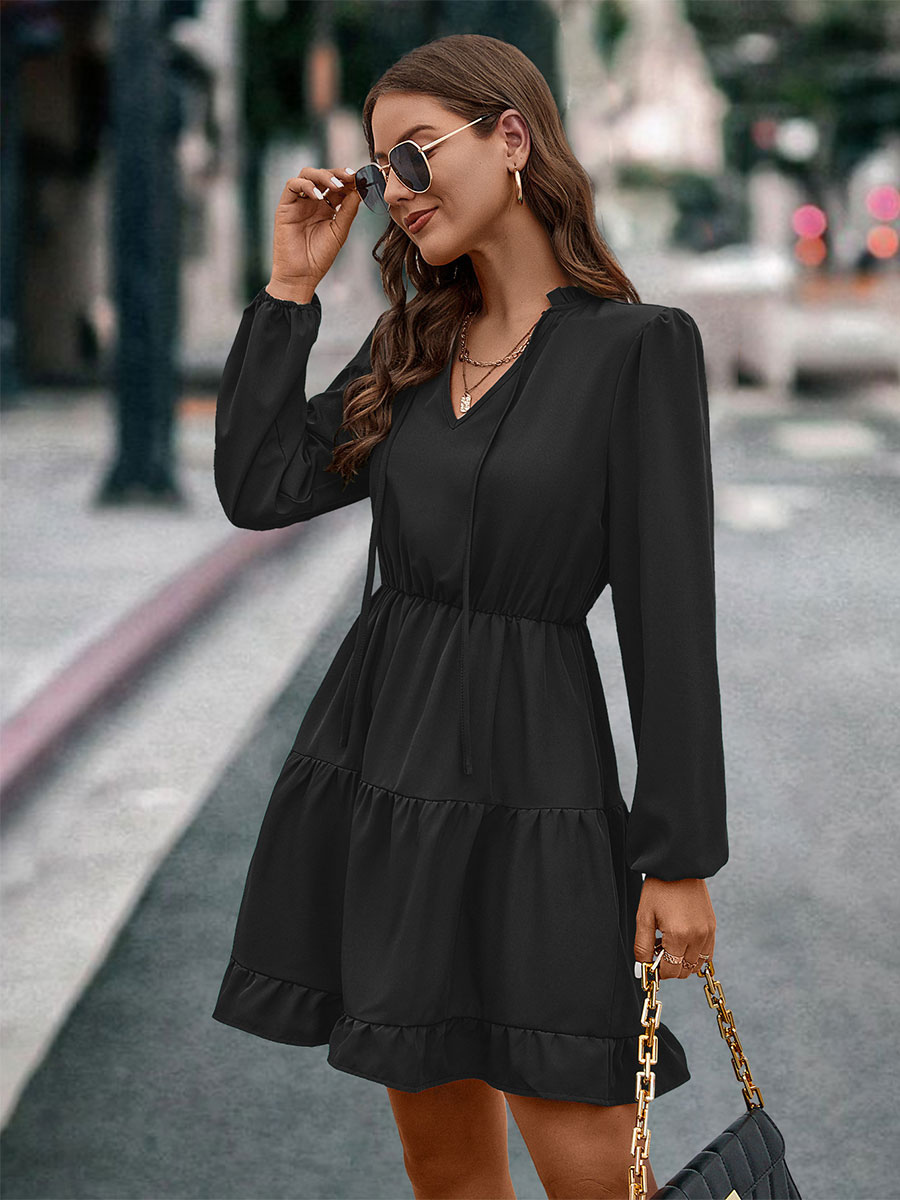 Mini Dresses V Neck Lantern Sleeves Flared Early Fall Dress