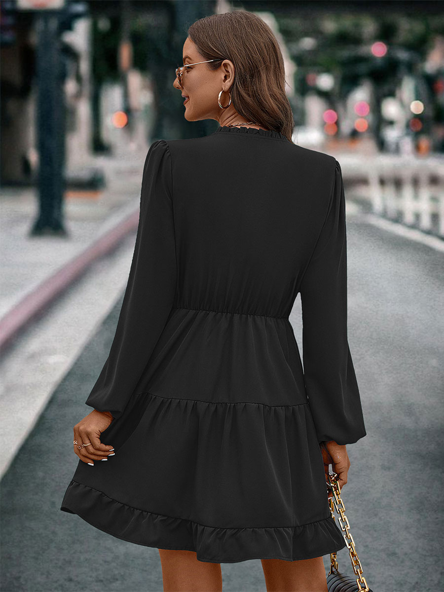 Mini Dresses V Neck Lantern Sleeves Flared Early Fall Dress