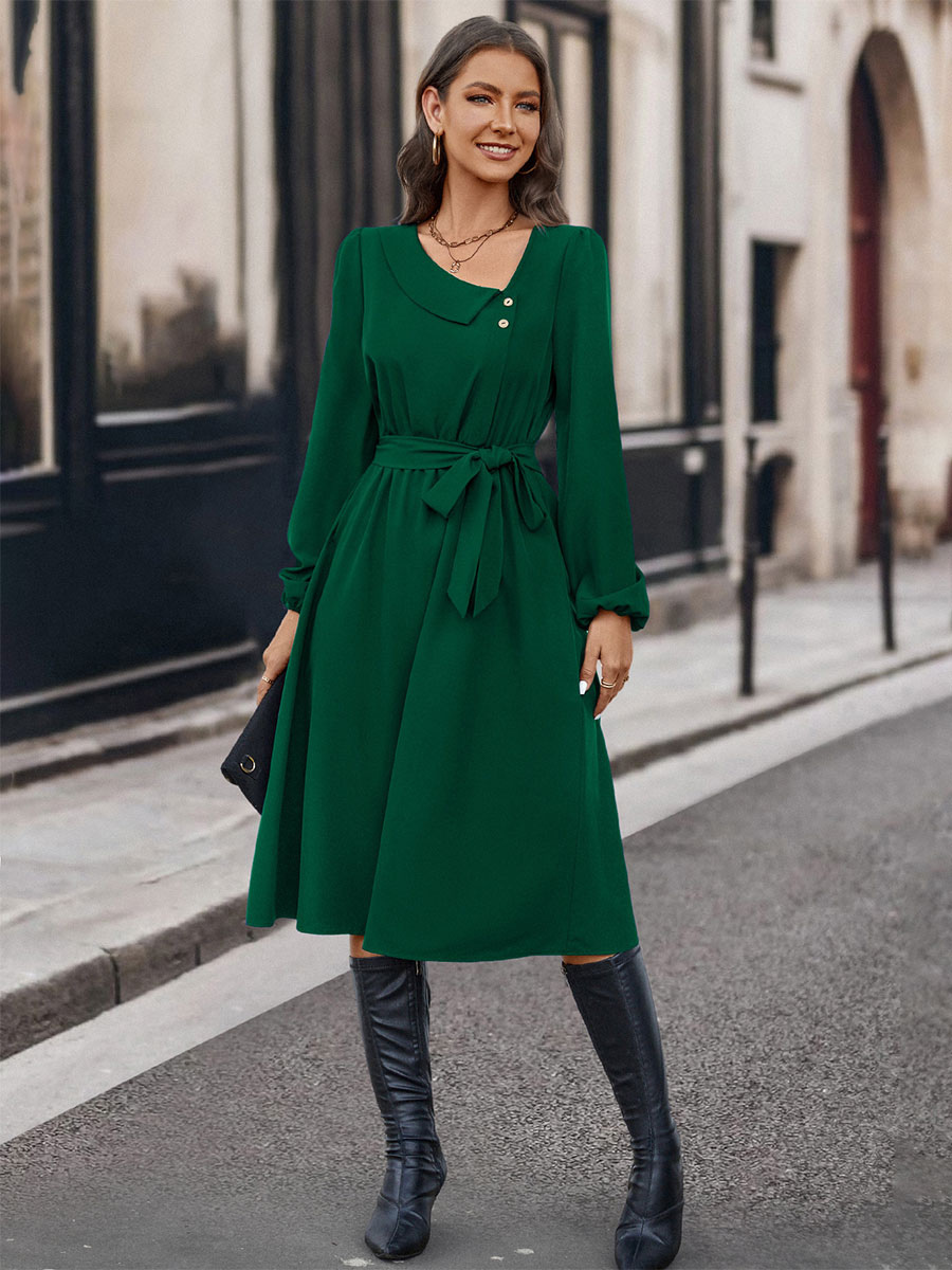 Midi Dress Asymmetrical Neck Long Sleeves Casual Early Dresses