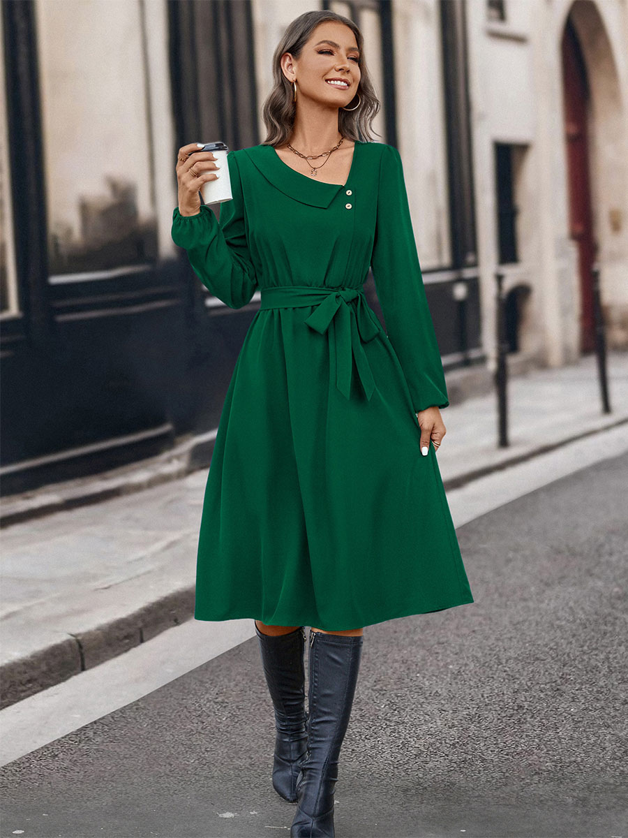 Midi Dress Asymmetrical Neck Long Sleeves Casual Early Dresses