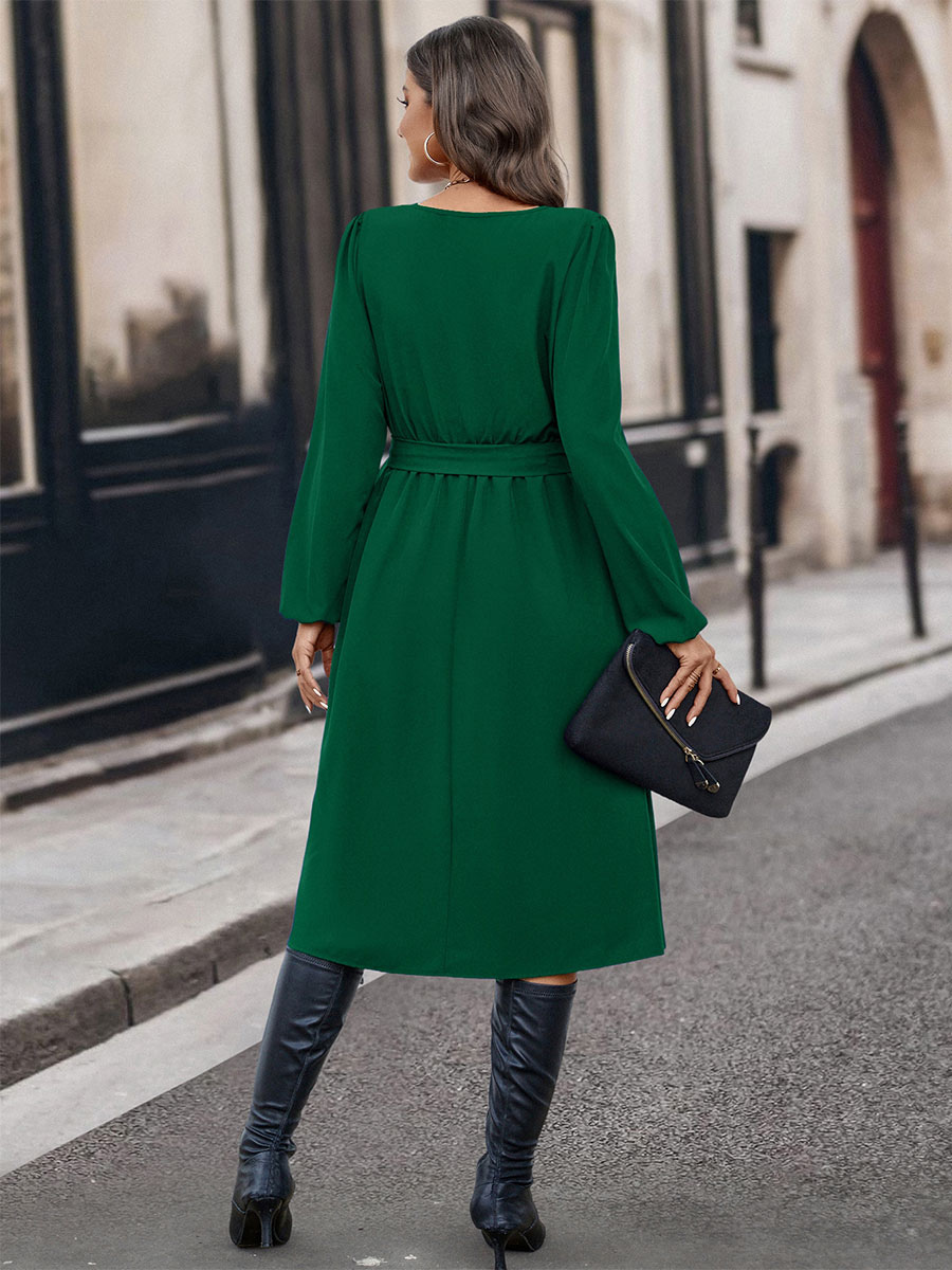 Midi Dress Asymmetrical Neck Long Sleeves Casual Early Dresses