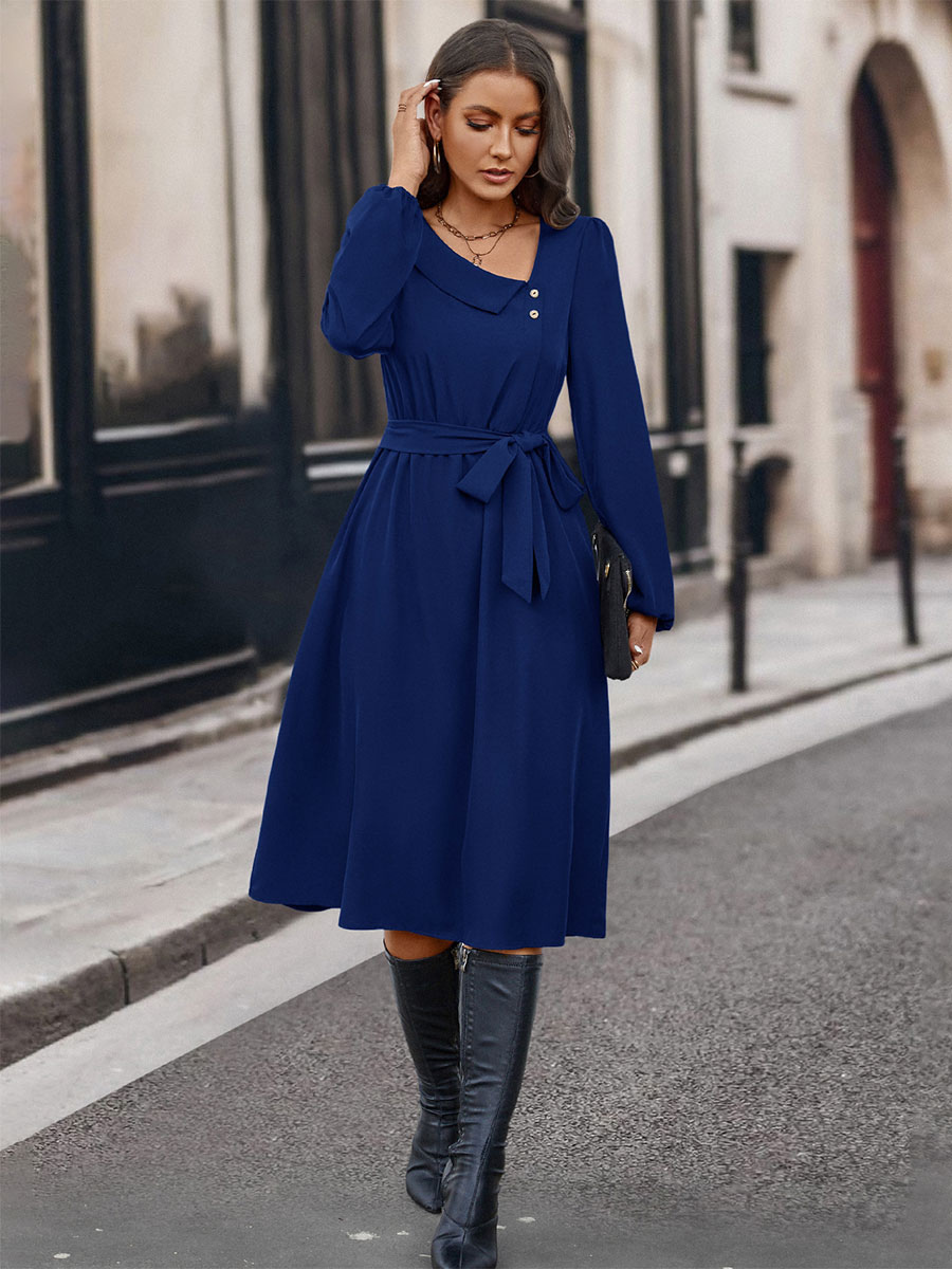 Midi Dress Asymmetrical Neck Long Sleeves Casual Early Dresses