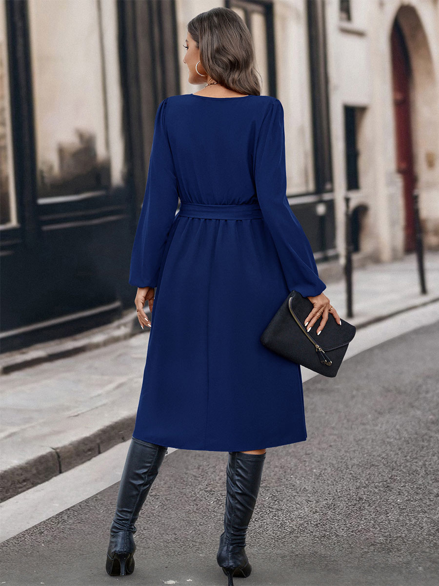 Midi Dress Asymmetrical Neck Long Sleeves Casual Early Dresses