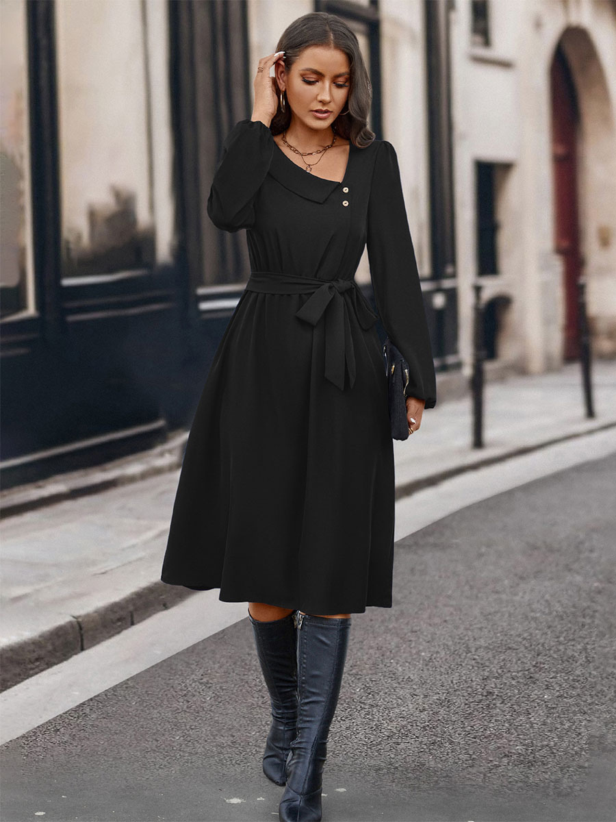 Midi Dress Asymmetrical Neck Long Sleeves Casual Early Dresses