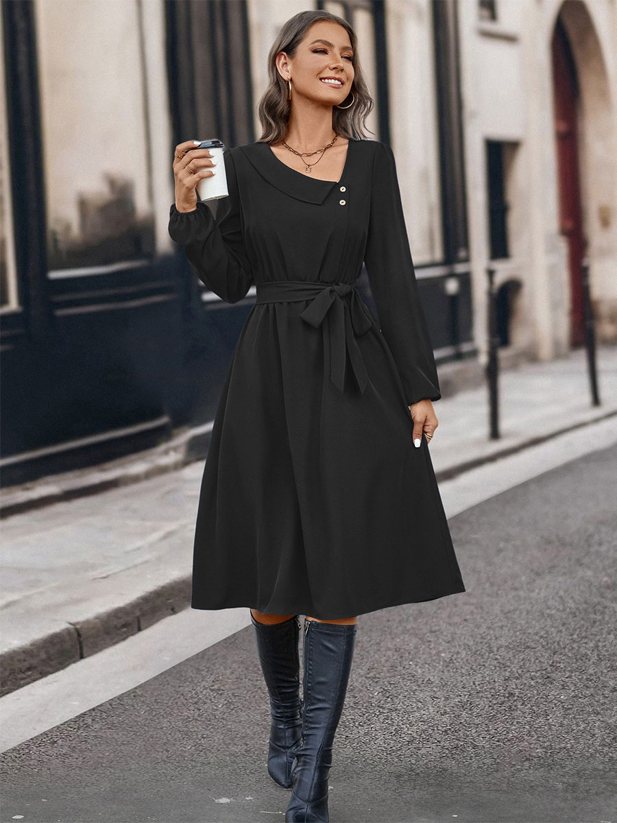 Midi Dress Asymmetrical Neck Long Sleeves Casual Early Dresses