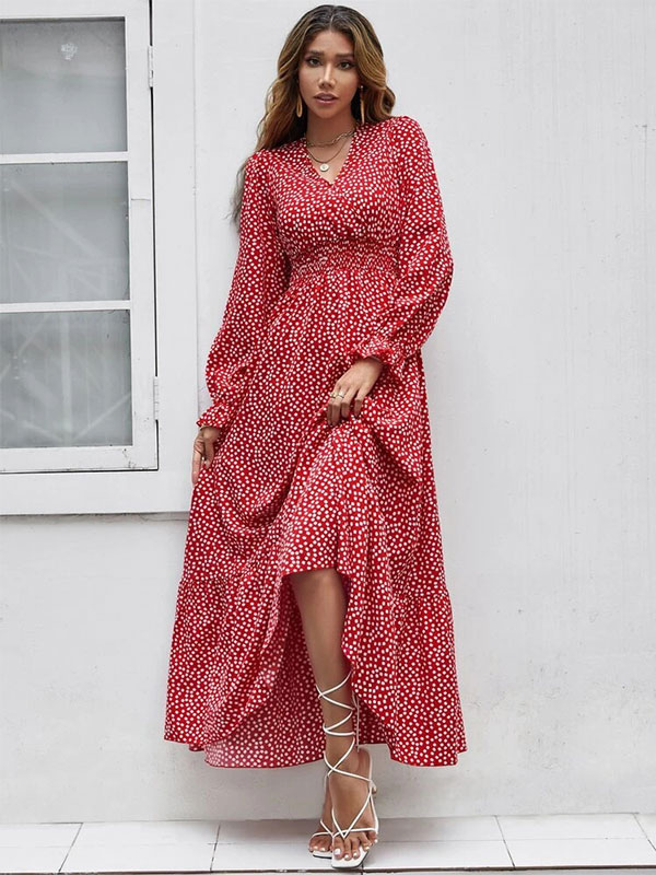 Floral Flared Dress V-Neck Long Sleeves Casual Fall Long Dresses