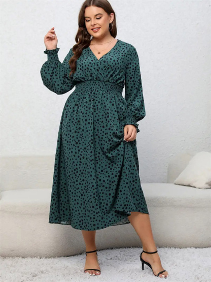 Plus Size Dress V-Neck Lantern Sleeves Pleated Faux Warp Dresses