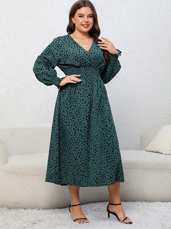 Plus Size Dress V-Neck Lantern Sleeves Pleated Faux Warp Dresses