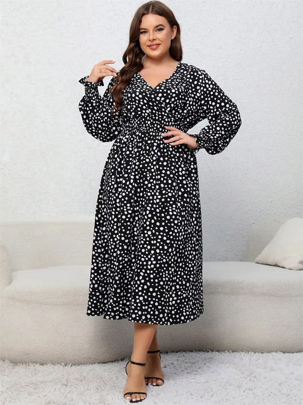 Plus Size Dress V-Neck Lantern Sleeves Pleated Faux Warp Dresses
