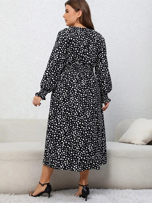 Plus Size Dress V-Neck Lantern Sleeves Pleated Faux Warp Dresses