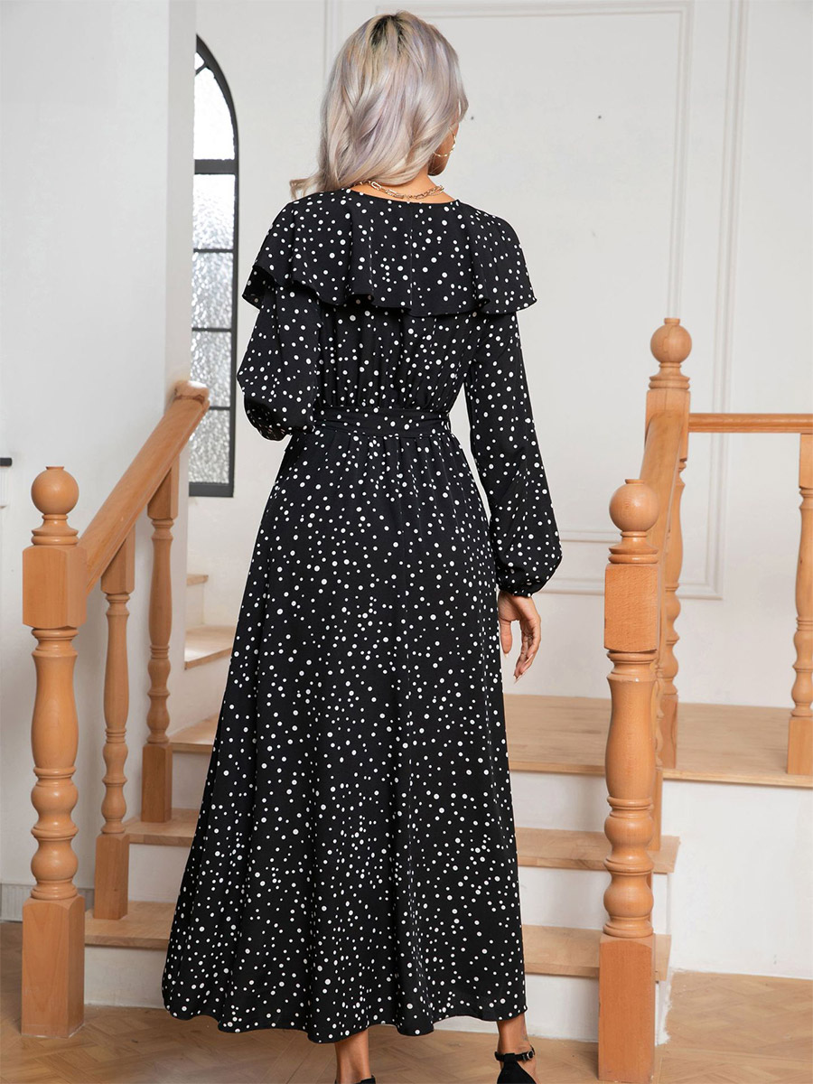 Polka Dot Maxi Dresses V-Neck High-Slit Ruffles Relaxed Vintage Dress