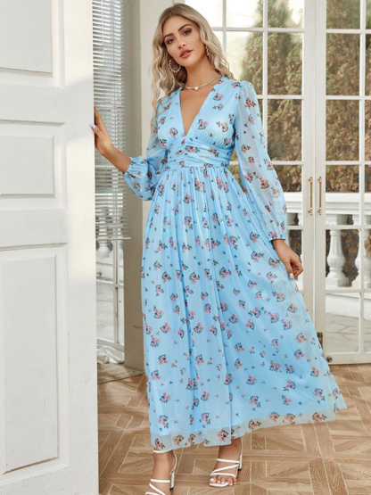 Floral Dress V-Neck Long Sleeves Pleated A-Line Maxi Dresses