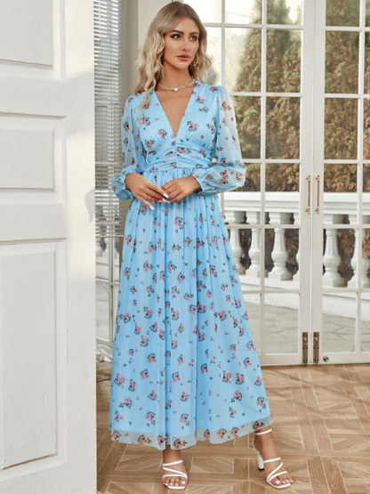 Floral Dress V-Neck Long Sleeves Pleated A-Line Maxi Dresses
